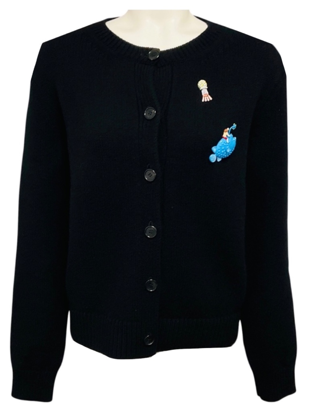 LOEWE BLACK WOOL KNIT CARDIGAN SWEATER WITH PIN EMBELLISHMENTS